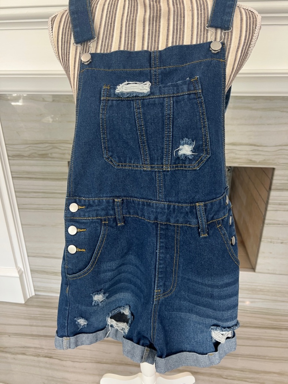 Denim Short Overalls Romper - Distressed Dark Blue